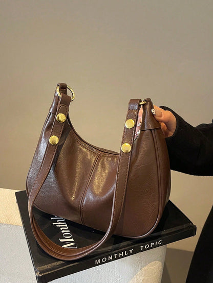 Women's Solid Color PU Shoulder Bag, Waterproof Fabric Underarm Crescent Shaped Bag, Quilted Design Minimalist Large Capacity Business Commuter Bag