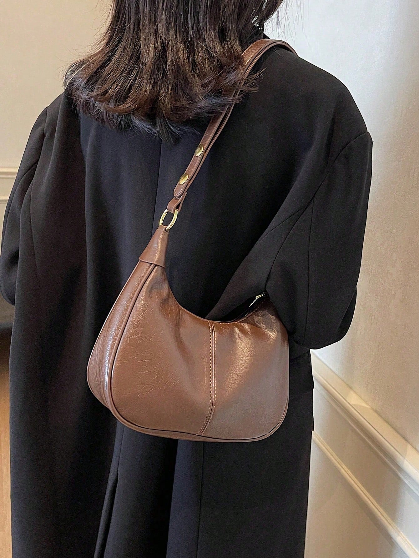 Women's Solid Color PU Shoulder Bag, Waterproof Fabric Underarm Crescent Shaped Bag, Quilted Design Minimalist Large Capacity Business Commuter Bag