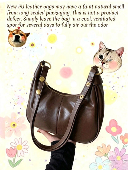 Women's Solid Color PU Shoulder Bag, Waterproof Fabric Underarm Crescent Shaped Bag, Quilted Design Minimalist Large Capacity Business Commuter Bag