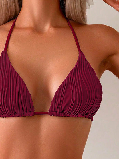 Women's Solid Color Special Wave Texture Fabric Triangle Back Bikini 2 Pieces Set Summer Vacation