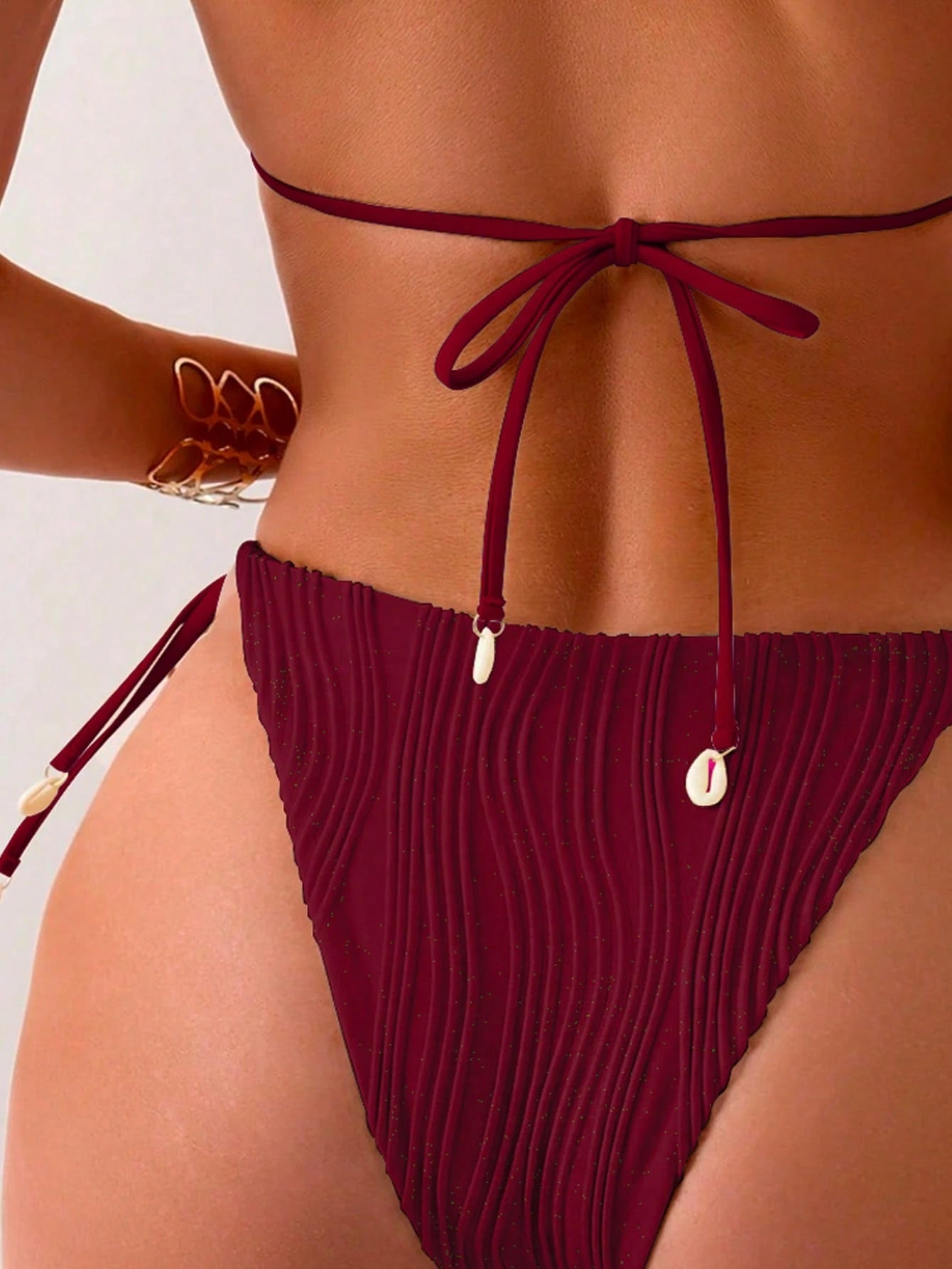 Women's Solid Color Special Wave Texture Fabric Triangle Back Bikini 2 Pieces Set Summer Vacation