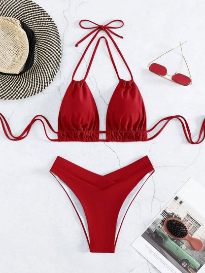 Women's Solid Color Triangle Neck Halter Bikini 2 Pieces Set, Suitable For Summer Island Vacation Outfit Red Beach
