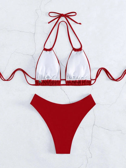 Women's Solid Color Triangle Neck Halter Bikini 2 Pieces Set, Suitable For Summer Island Vacation Outfit Red Beach