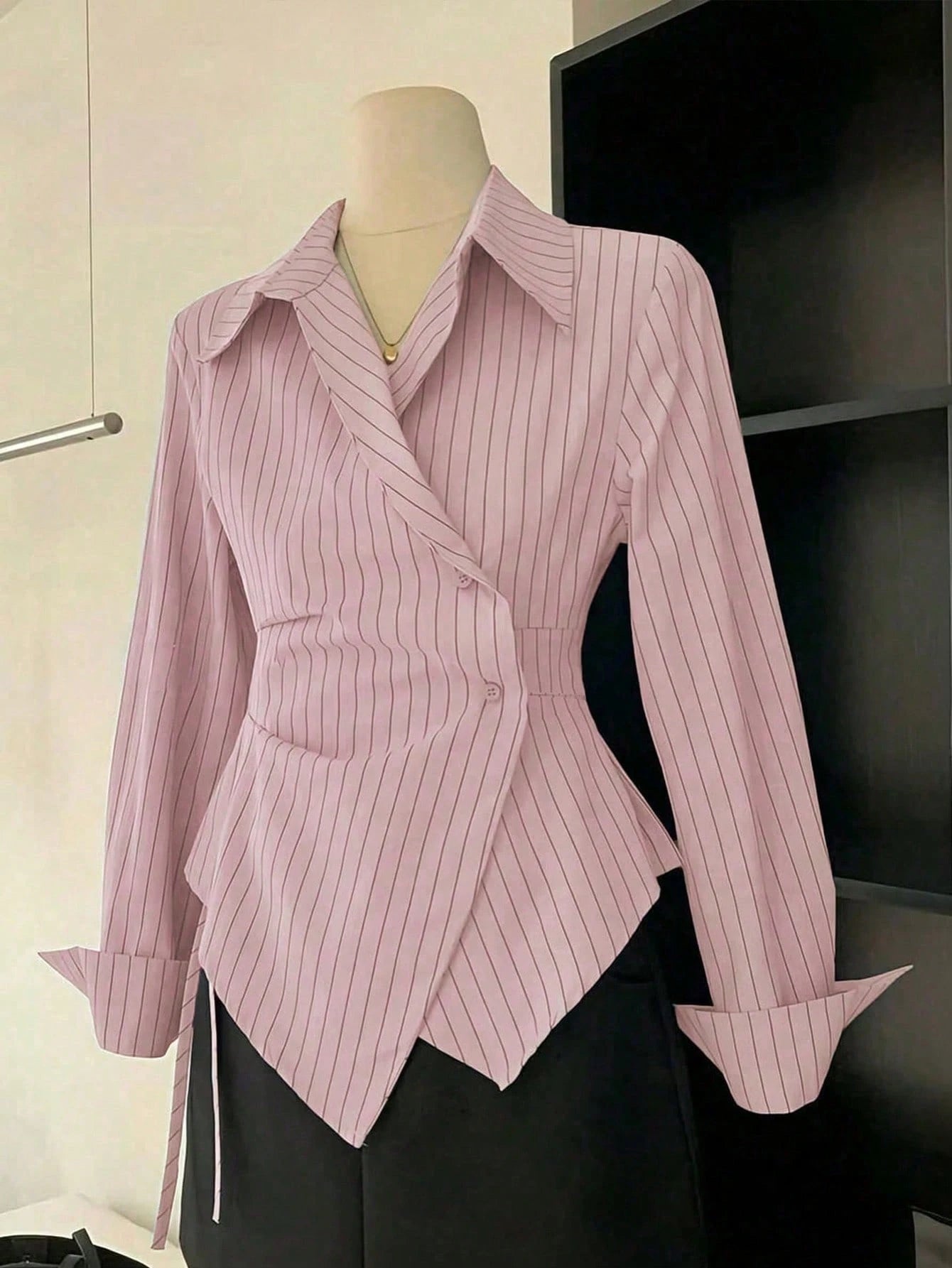 Women's Spring/Autumn Fashion Casual Commute Minimalist Striped Print Wrap Button-Front Asymmetrical Hem Shirt Pink