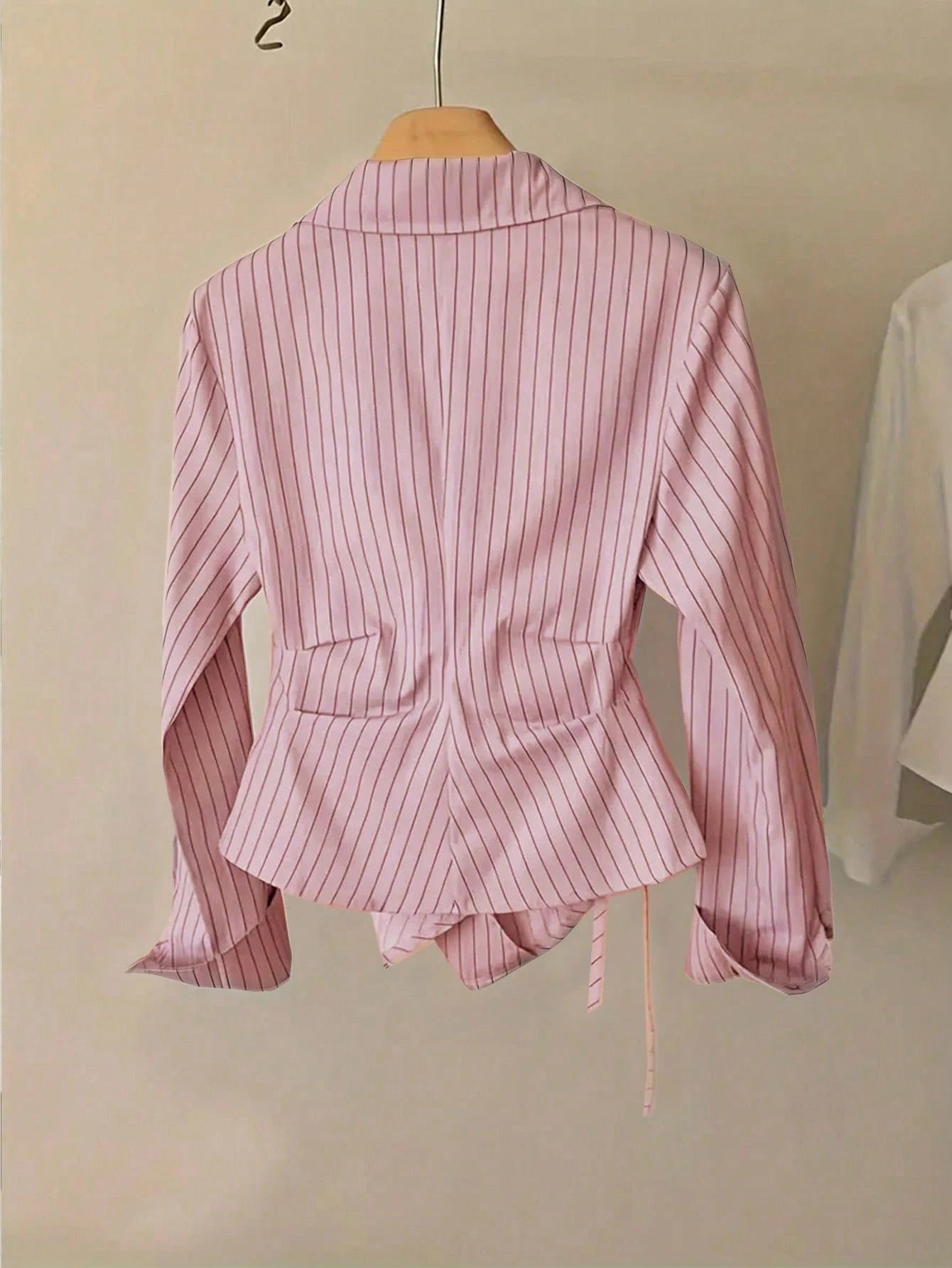 Women's Spring/Autumn Fashion Casual Commute Minimalist Striped Print Wrap Button-Front Asymmetrical Hem Shirt Pink