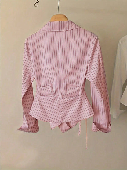 Women's Spring/Autumn Fashion Casual Commute Minimalist Striped Print Wrap Button-Front Asymmetrical Hem Shirt Pink
