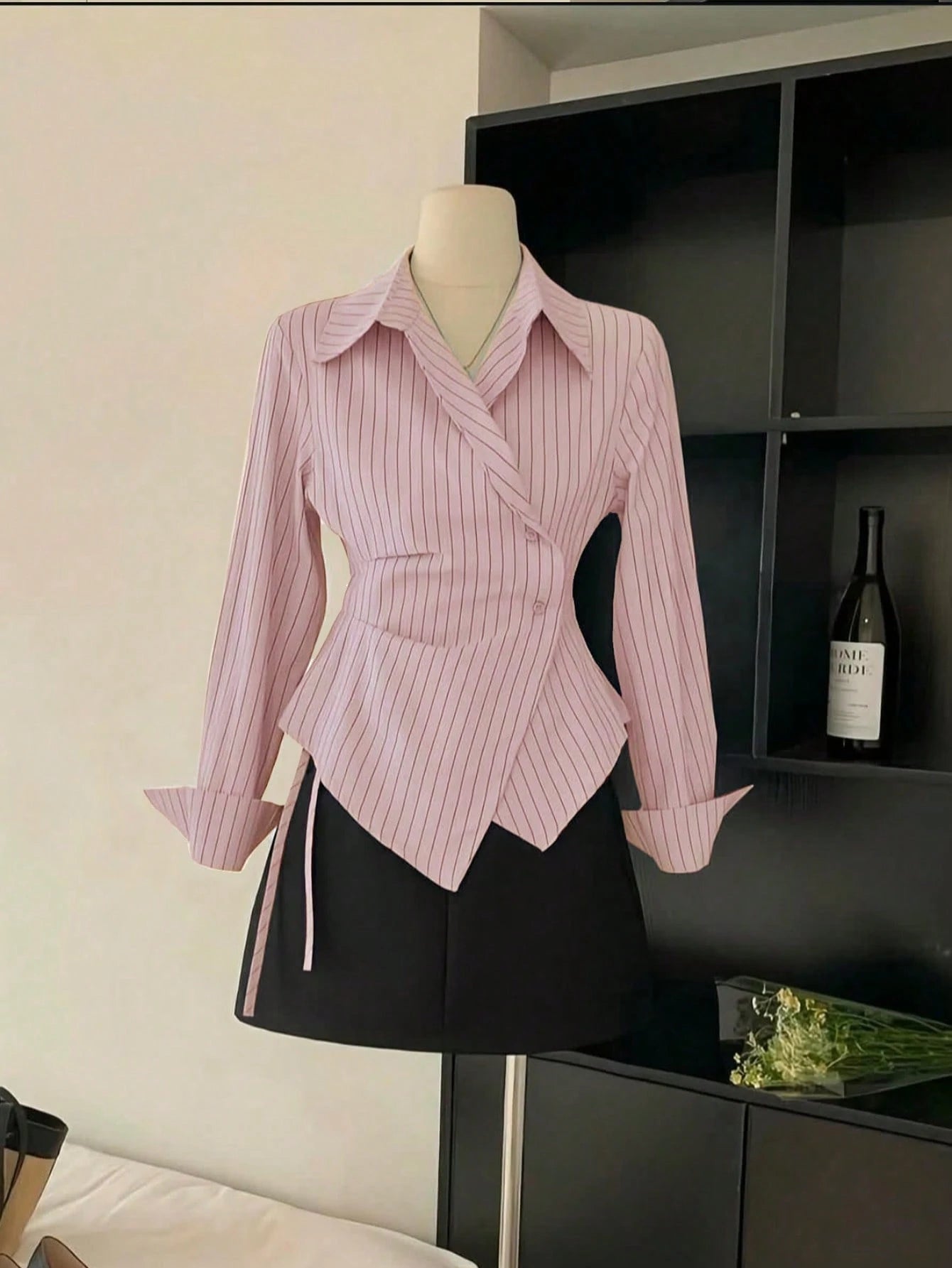 Women's Spring/Autumn Fashion Casual Commute Minimalist Striped Print Wrap Button-Front Asymmetrical Hem Shirt Pink