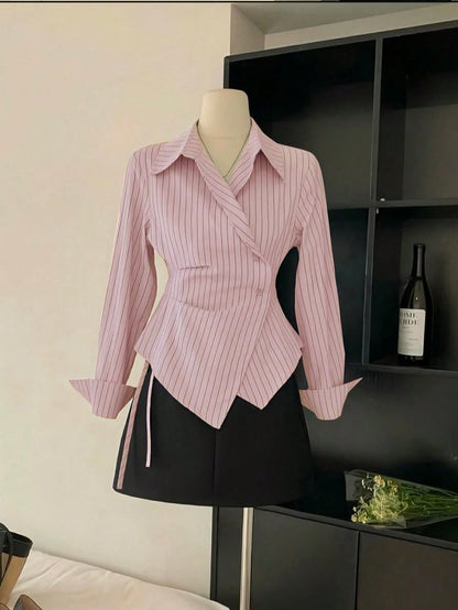 Women's Spring/Autumn Fashion Casual Commute Minimalist Striped Print Wrap Button-Front Asymmetrical Hem Shirt Pink