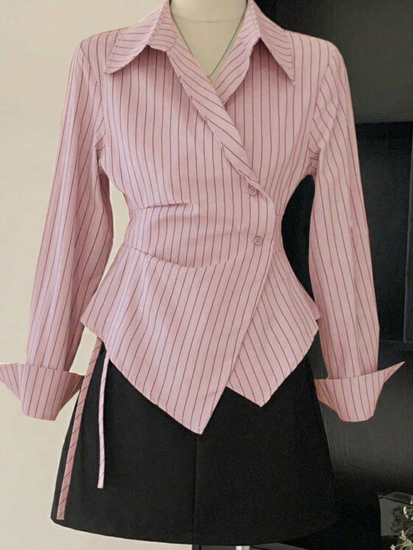 Women's Spring/Autumn Fashion Casual Commute Minimalist Striped Print Wrap Button-Front Asymmetrical Hem Shirt Pink
