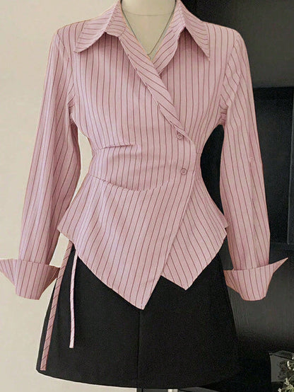 Women's Spring/Autumn Fashion Casual Commute Minimalist Striped Print Wrap Button-Front Asymmetrical Hem Shirt Pink