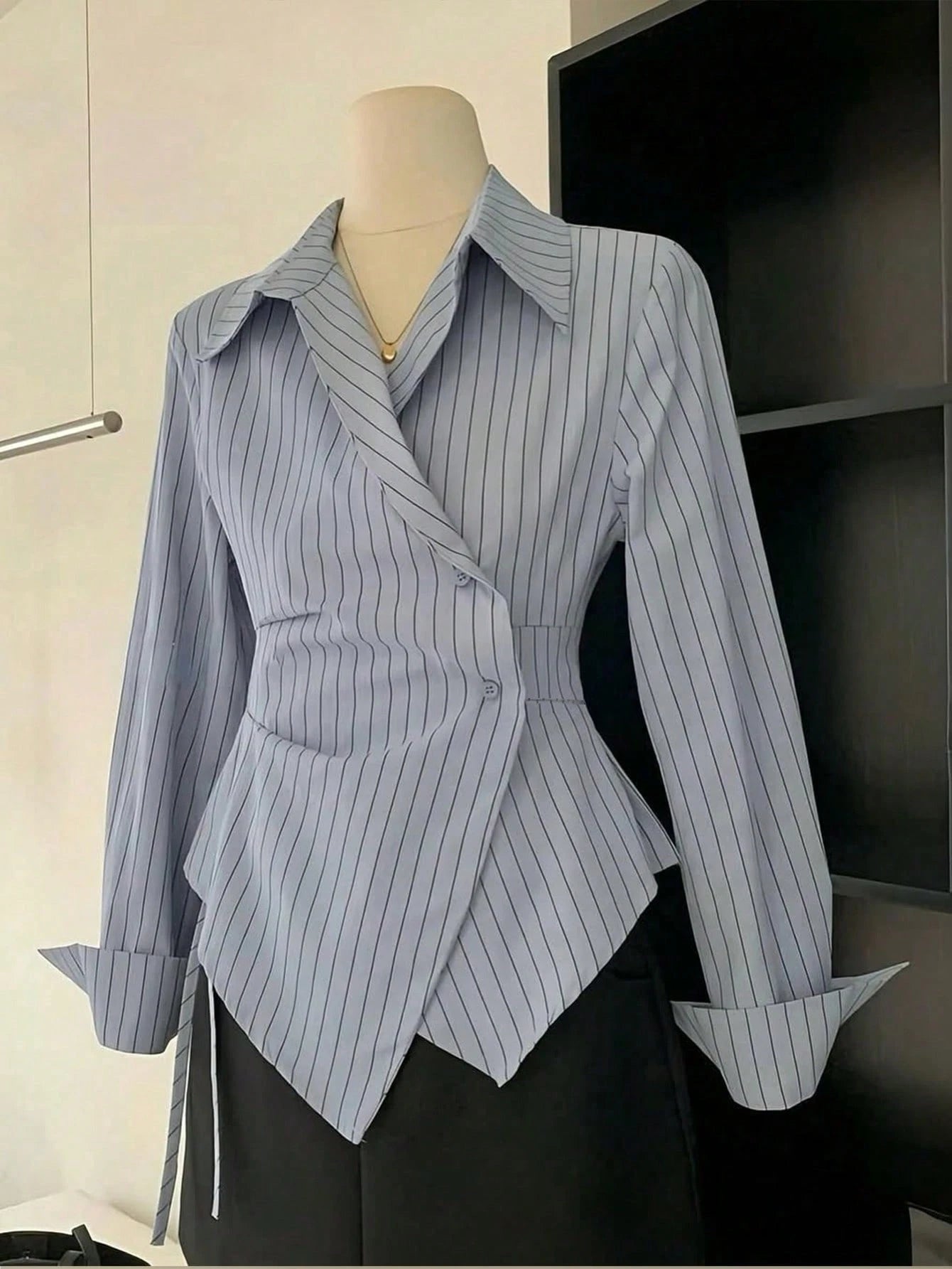 Women's Spring/Autumn Fashion Casual Commute Minimalist Striped Print Wrap Button-Front Asymmetrical Hem Shirt Pink