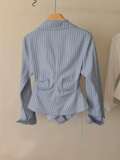 Women's Spring/Autumn Fashion Casual Commute Minimalist Striped Print Wrap Button-Front Asymmetrical Hem Shirt Pink