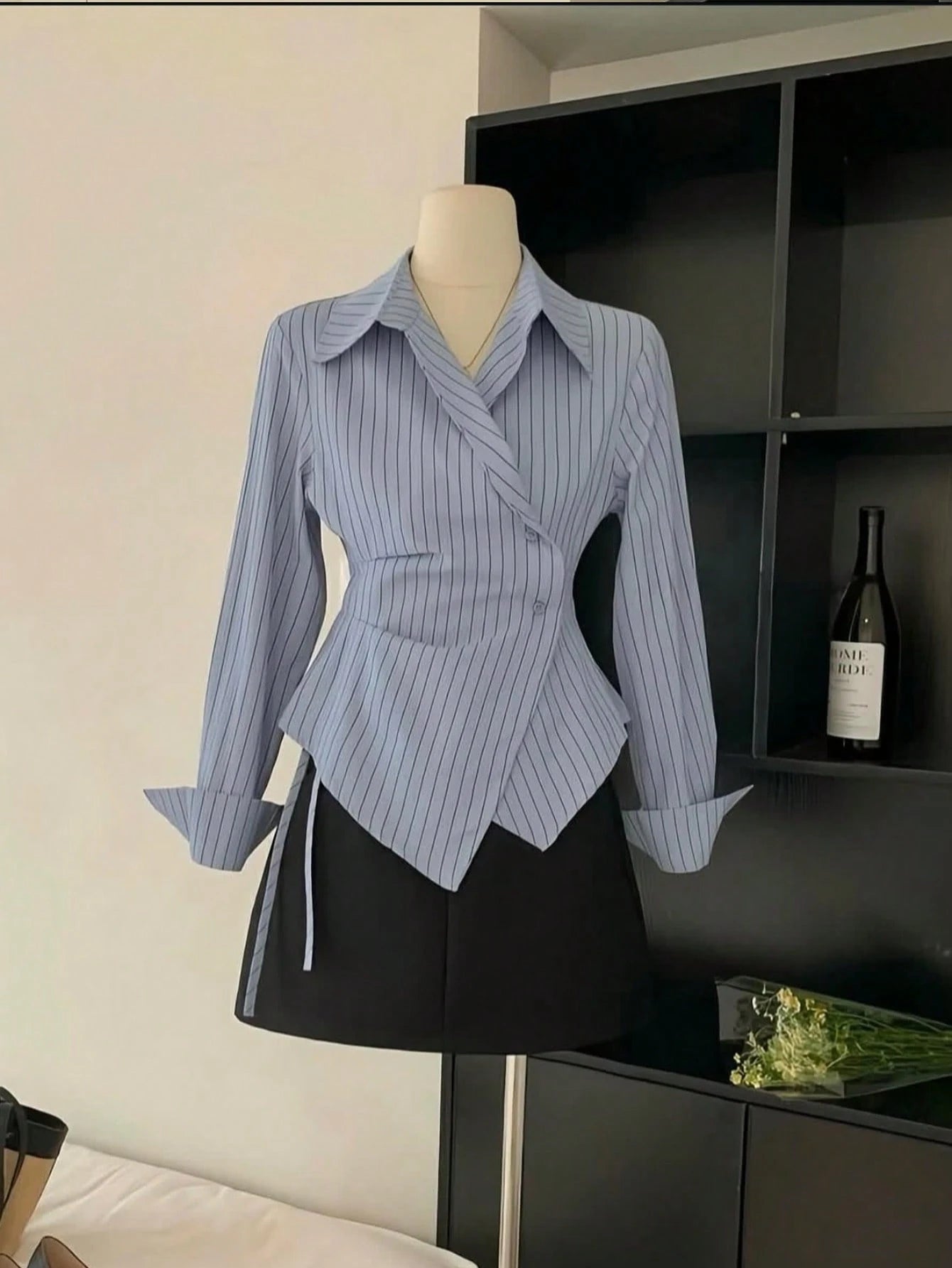 Women's Spring/Autumn Fashion Casual Commute Minimalist Striped Print Wrap Button-Front Asymmetrical Hem Shirt Pink