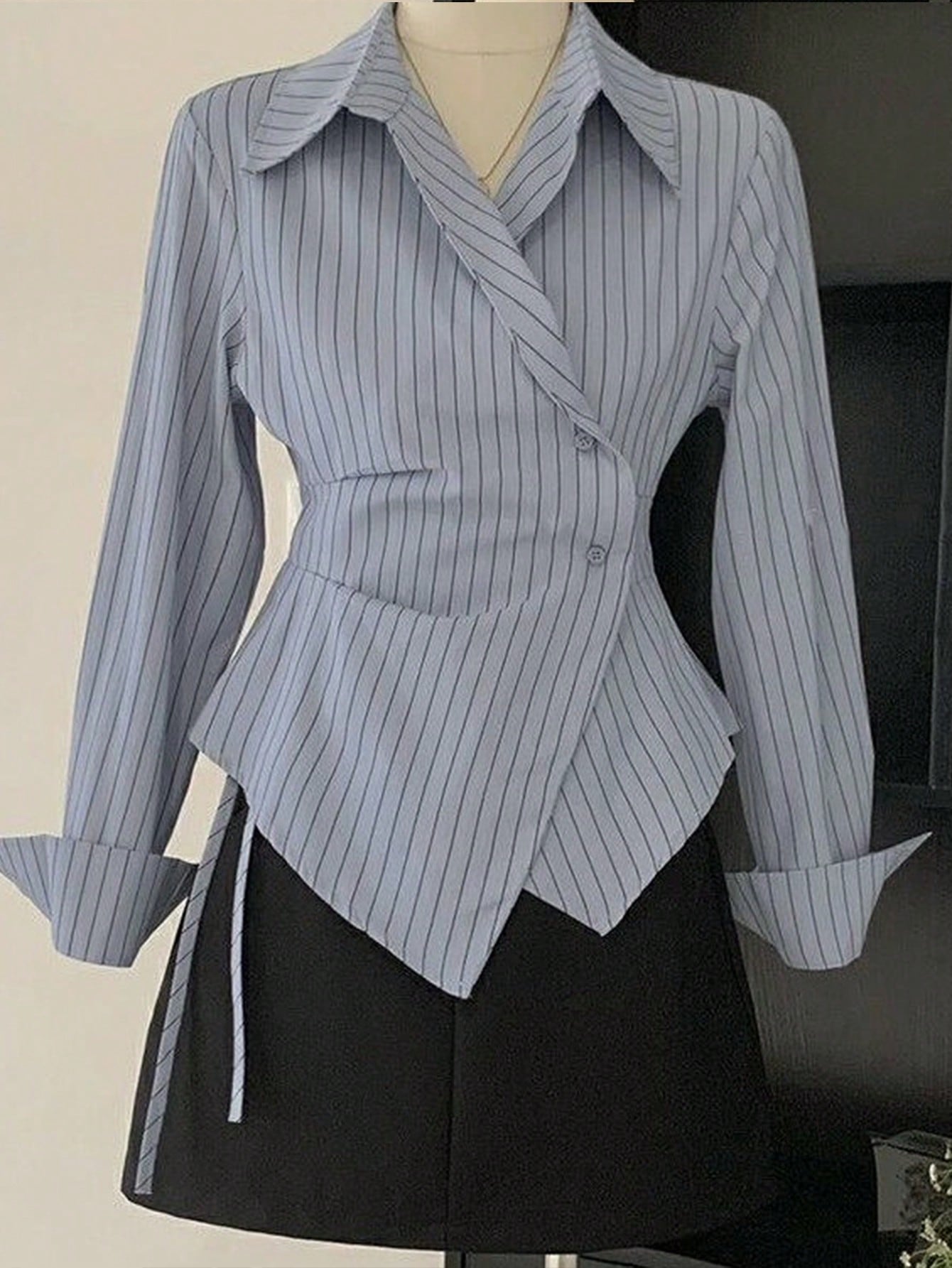Women's Spring/Autumn Fashion Casual Commute Minimalist Striped Print Wrap Button-Front Asymmetrical Hem Shirt Pink