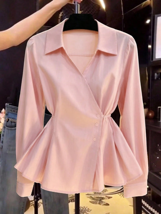 Women's Spring/Autumn New Solid Color French V-Neck Tie-Waist Casual Long Sleeve Blouse Pink