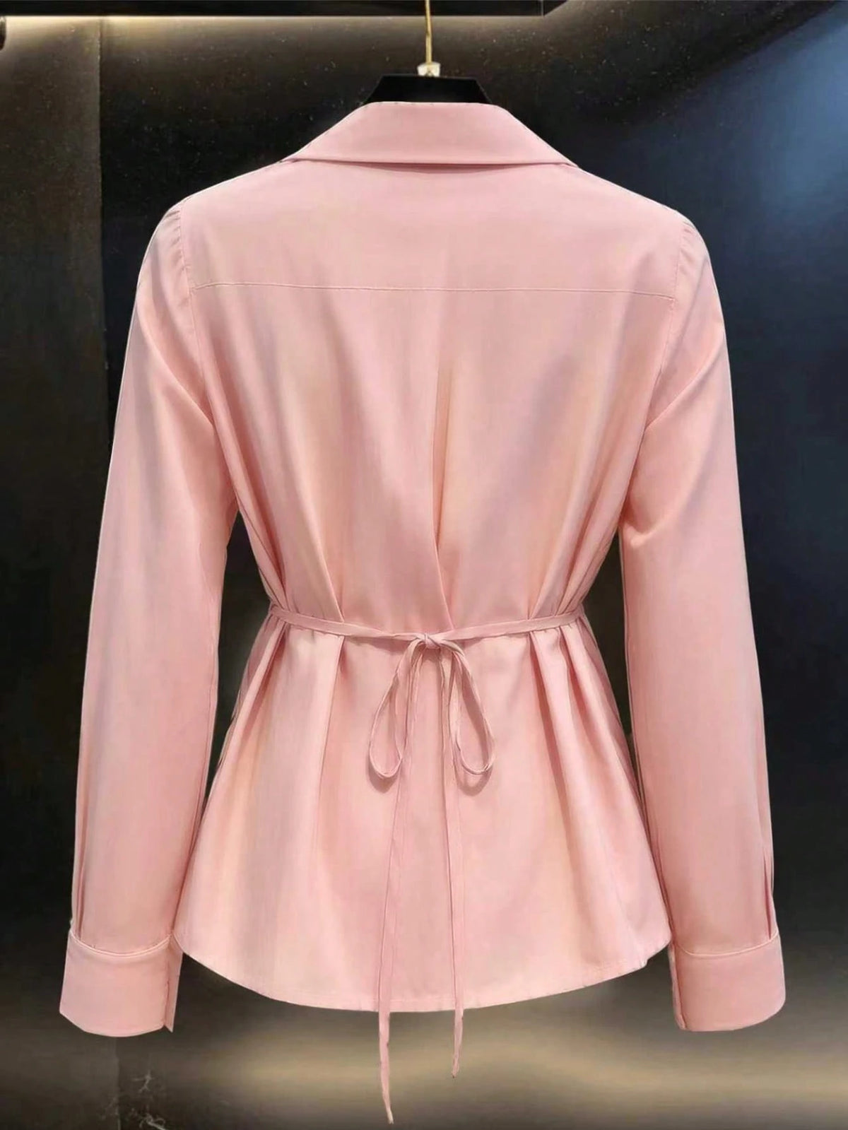 Women's Spring/Autumn New Solid Color French V-Neck Tie-Waist Casual Long Sleeve Blouse Pink