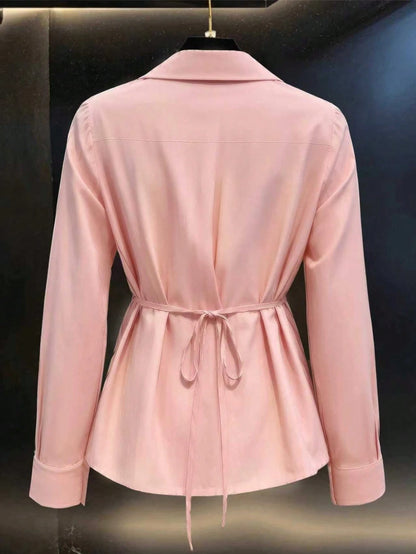 Women's Spring/Autumn New Solid Color French V-Neck Tie-Waist Casual Long Sleeve Blouse Pink