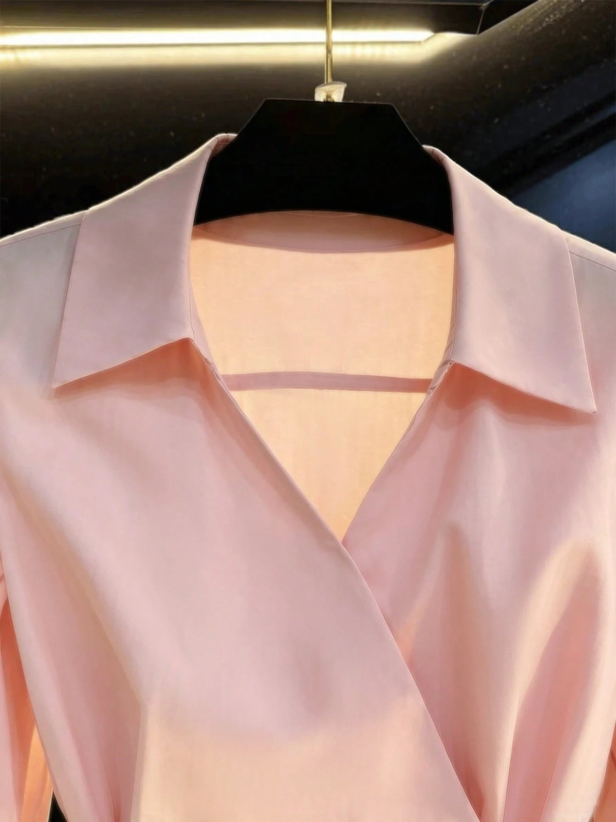 Women's Spring/Autumn New Solid Color French V-Neck Tie-Waist Casual Long Sleeve Blouse Pink