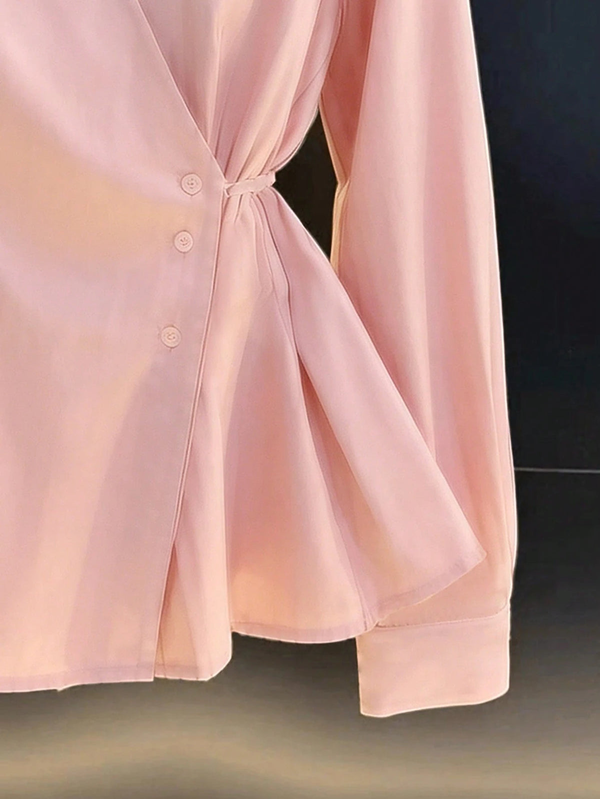 Women's Spring/Autumn New Solid Color French V-Neck Tie-Waist Casual Long Sleeve Blouse Pink