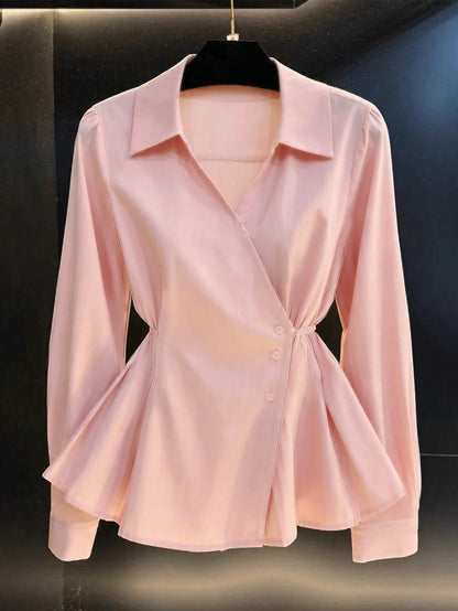 Women's Spring/Autumn New Solid Color French V-Neck Tie-Waist Casual Long Sleeve Blouse Pink
