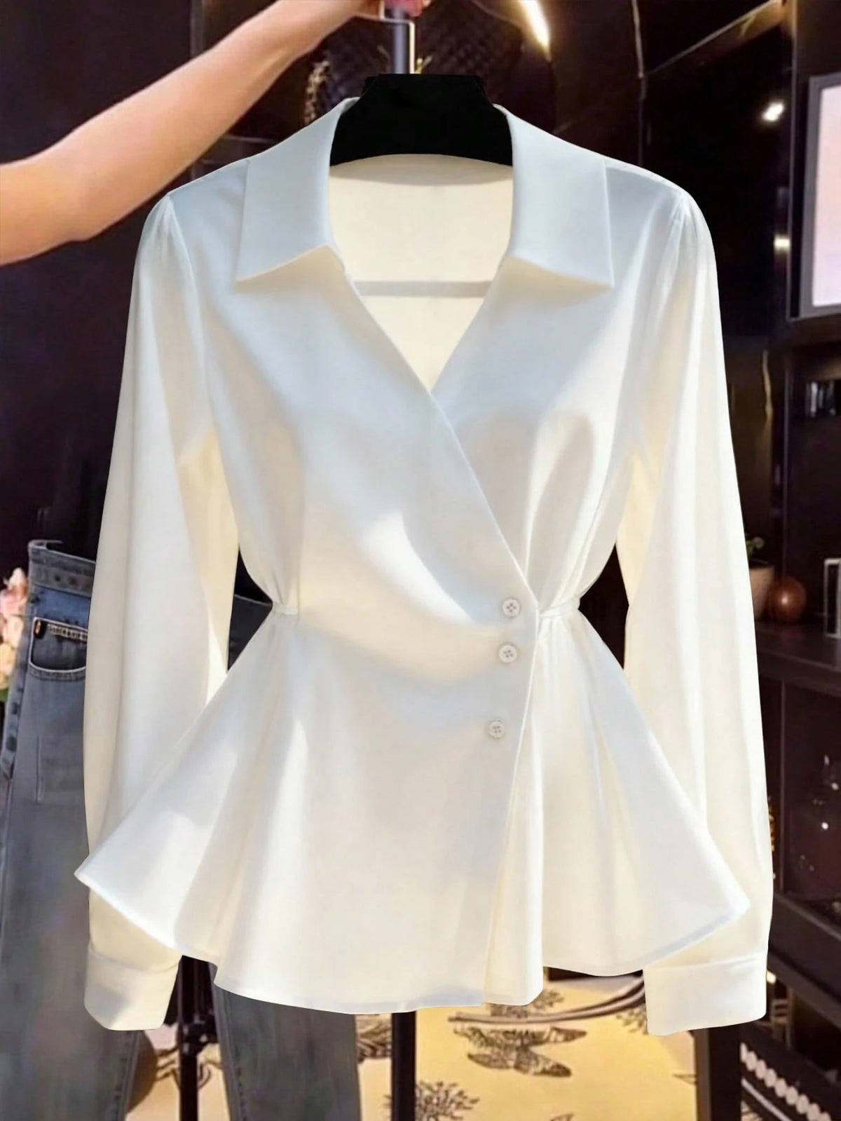 Women's Spring/Autumn New Solid Color French V-Neck Tie-Waist Casual Long Sleeve Blouse Pink