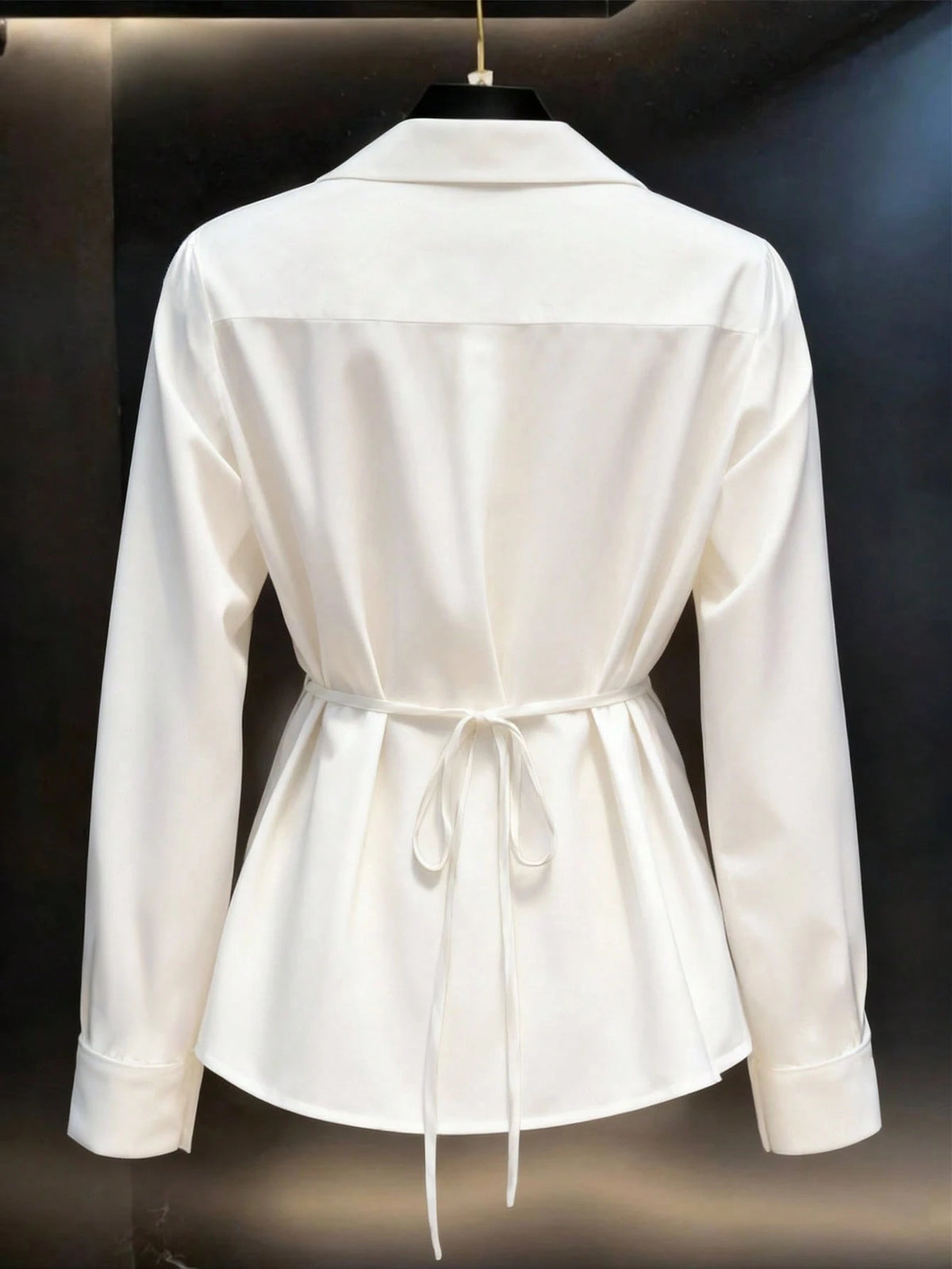 Women's Spring/Autumn New Solid Color French V-Neck Tie-Waist Casual Long Sleeve Blouse Pink