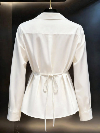 Women's Spring/Autumn New Solid Color French V-Neck Tie-Waist Casual Long Sleeve Blouse Pink