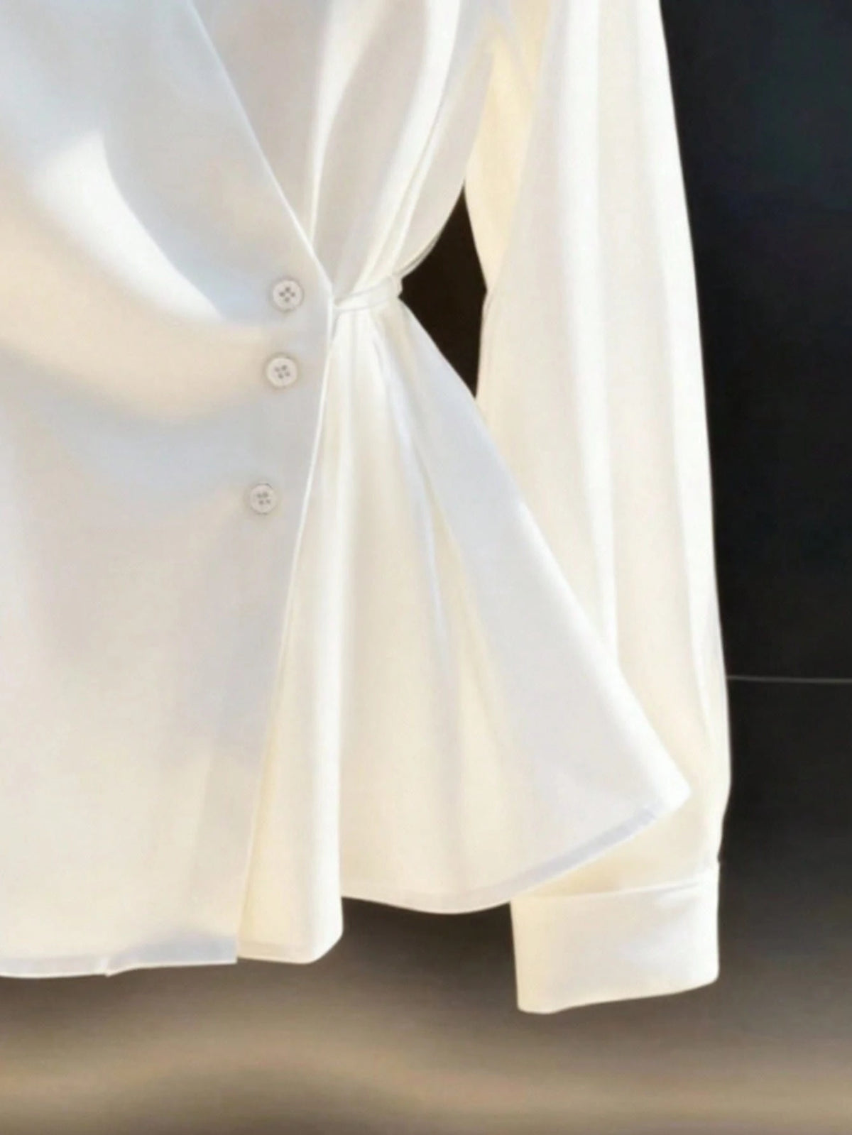Women's Spring/Autumn New Solid Color French V-Neck Tie-Waist Casual Long Sleeve Blouse Pink