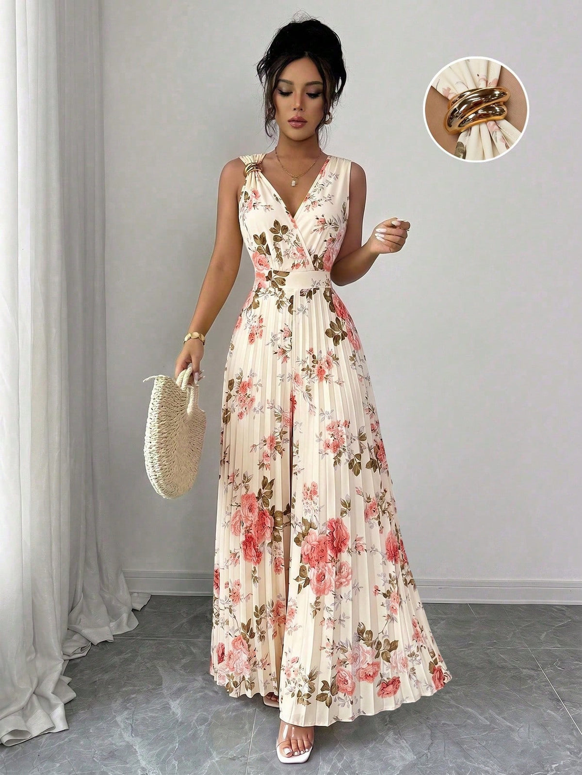 Women's Spring/Summer Elegant Commuter Yellow V-Neck Sleeveless Metal Buckle Pleated Ruched Waist Fitted Slim Jumpsuit