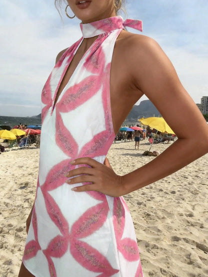 Women's Spring/Summer New Arrival: Fashionable, Elegant, Casual, Minimalist, Commuter, Beach Resort, Street Style Round Neck Tie-Front Slim-Fit Backless Floral Digital Print Design Deep V-Neck Halter