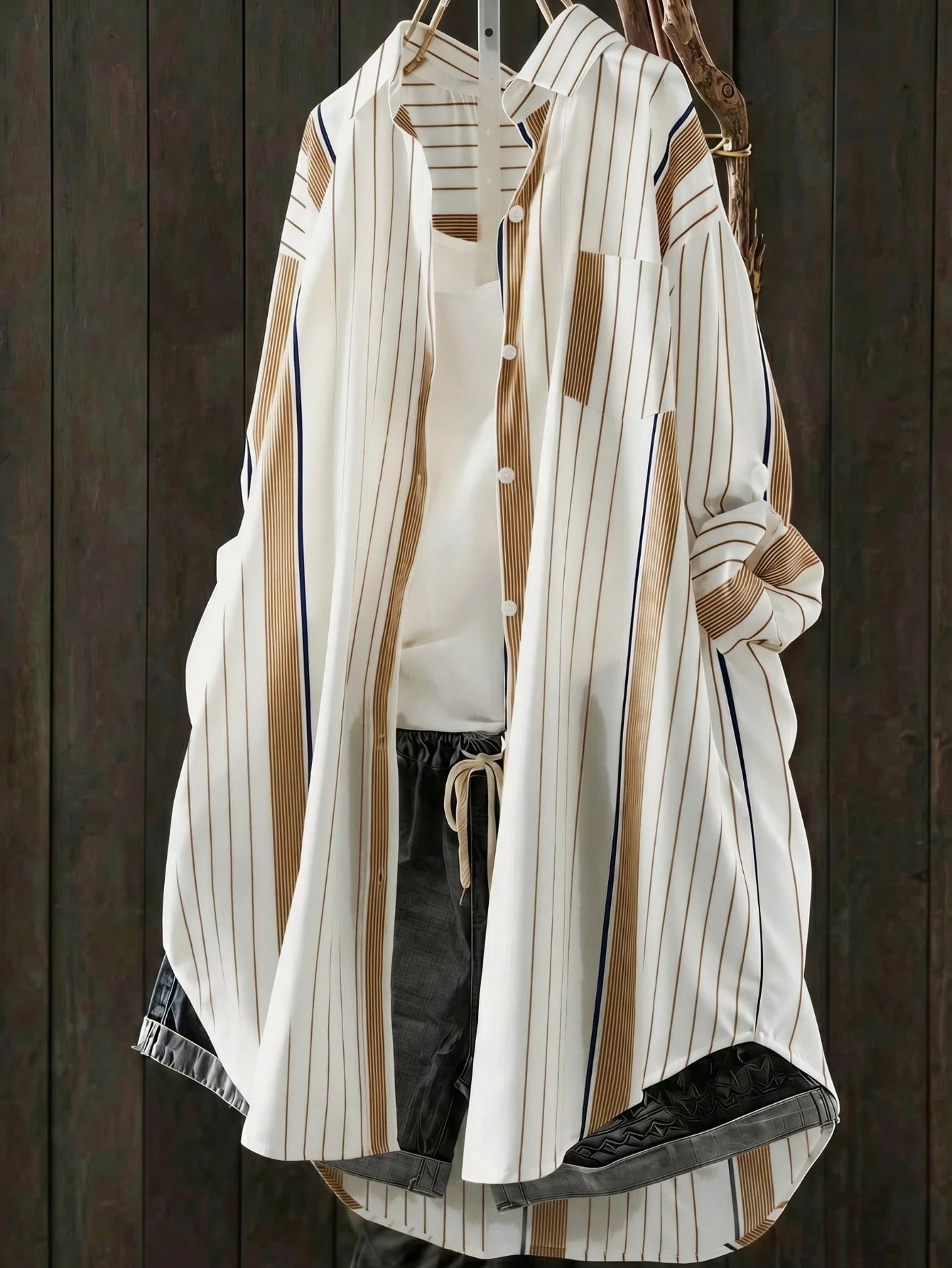 Women's Striped Button-Front Woven Shirt Collar Long Sleeve Blouse, Vintage Autumn Style