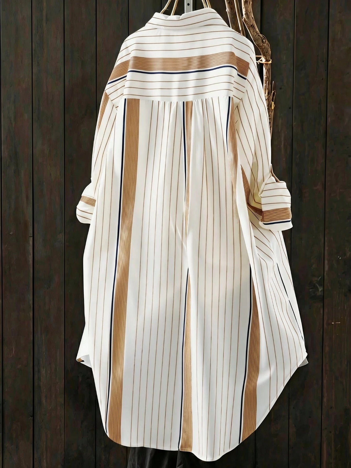 Women's Striped Button-Front Woven Shirt Collar Long Sleeve Blouse, Vintage Autumn Style