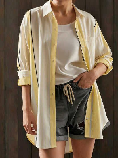 Women's Striped Button-Front Woven Shirt Collar Long Sleeve Blouse, Vintage Autumn Style