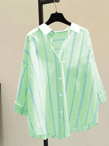 Women's Striped Casual Commuter Elegant Striped Button Shirt, Long Sleeve, Spring/Summer, Aesthetic