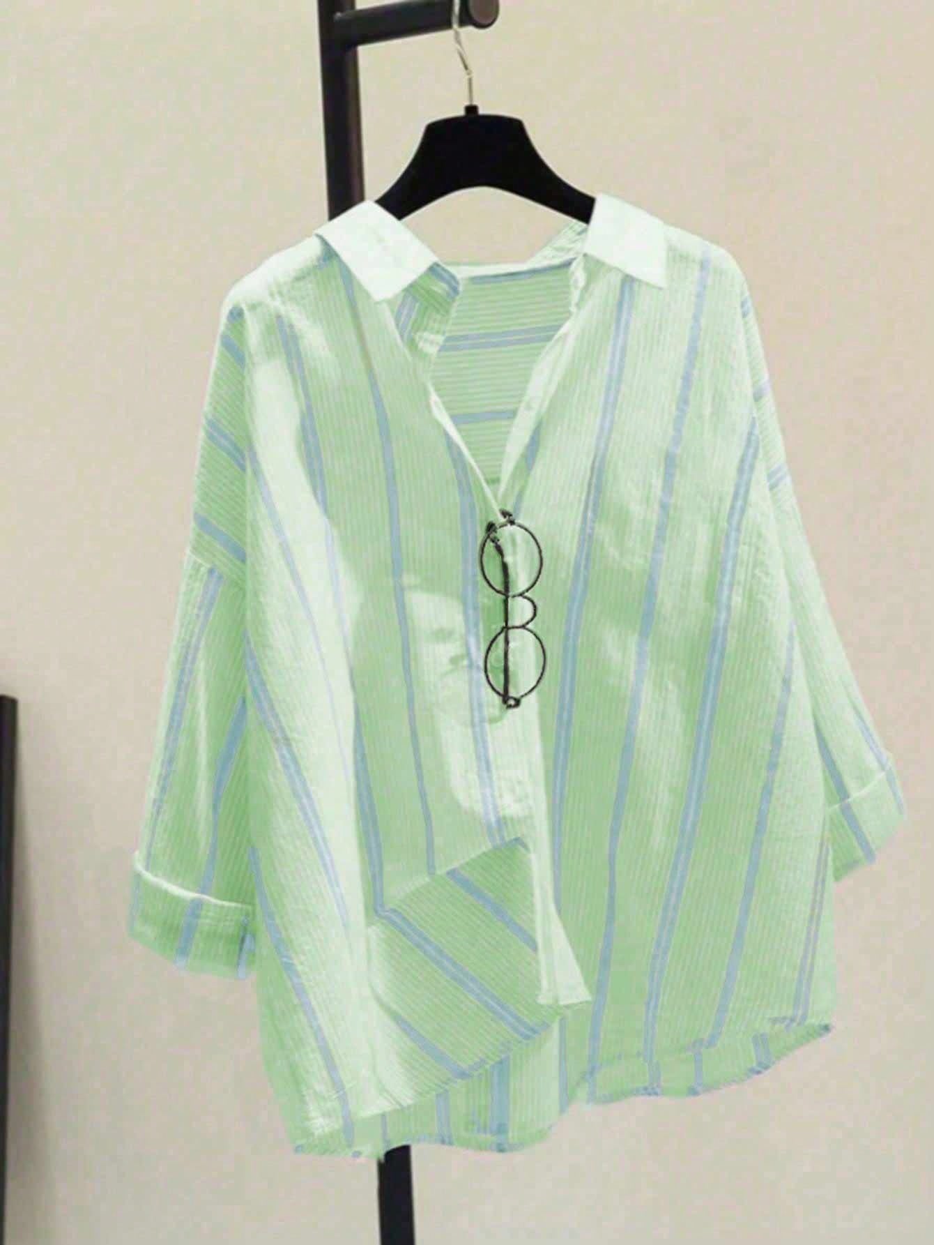 Women's Striped Casual Commuter Elegant Striped Button Shirt, Long Sleeve, Spring/Summer, Aesthetic