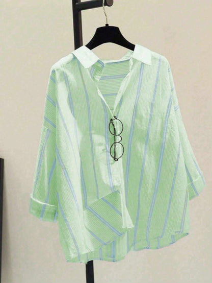 Women's Striped Casual Commuter Elegant Striped Button Shirt, Long Sleeve, Spring/Summer, Aesthetic