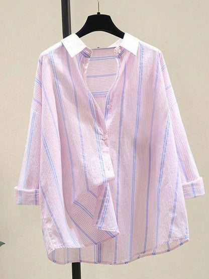 Women's Striped Casual Commuter Elegant Striped Button Shirt, Long Sleeve, Spring/Summer, Aesthetic