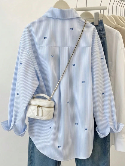 Women's Striped Color Block Shirt, Button Front, Casual Wear