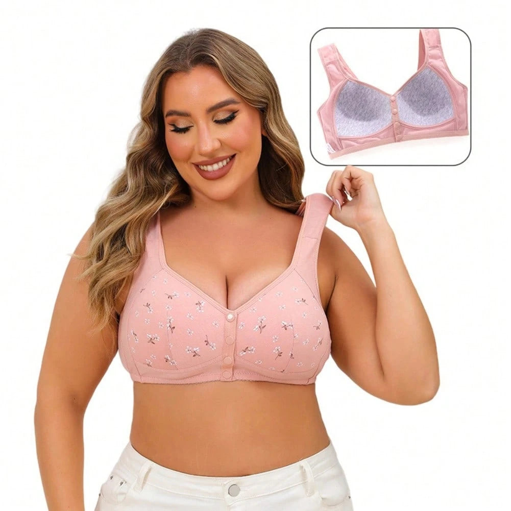 Women's Styling Cup Front Button Printed Underwire Wide Shoulder Strap Vest Style New Plus Size Bra
