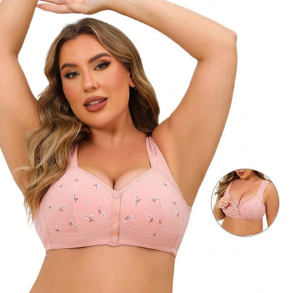 Women's Styling Cup Front Button Printed Underwire Wide Shoulder Strap Vest Style New Plus Size Bra