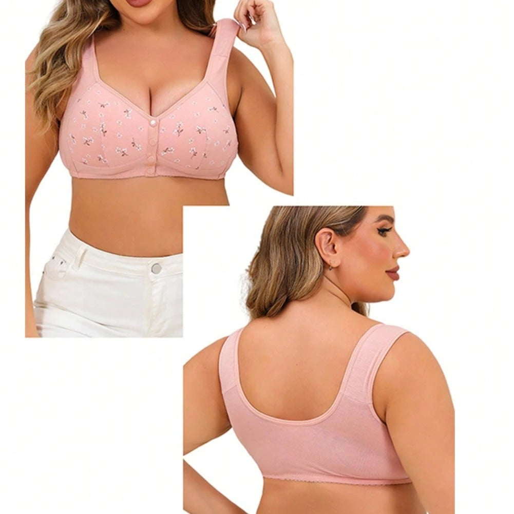 Women's Styling Cup Front Button Printed Underwire Wide Shoulder Strap Vest Style New Plus Size Bra