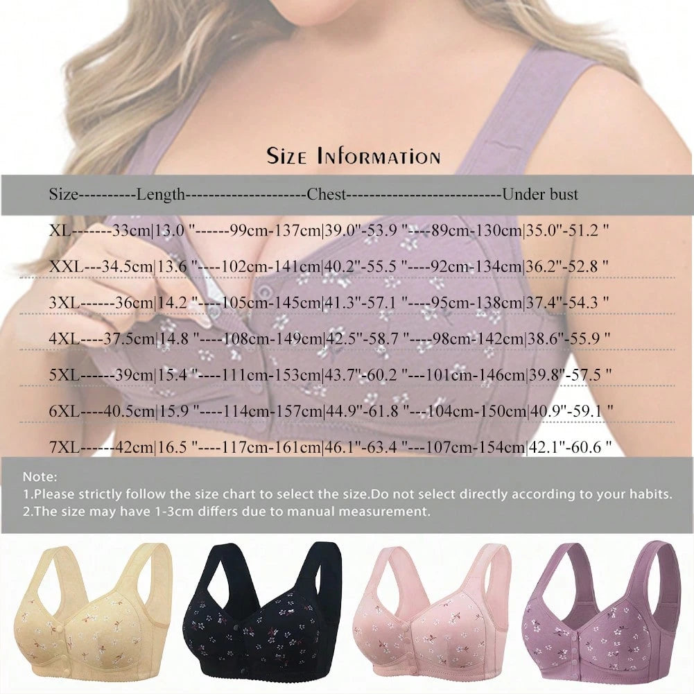 Women's Styling Cup Front Button Printed Underwire Wide Shoulder Strap Vest Style New Plus Size Bra