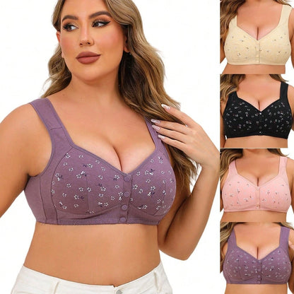 Women's Styling Cup Front Button Printed Underwire Wide Shoulder Strap Vest Style New Plus Size Bra