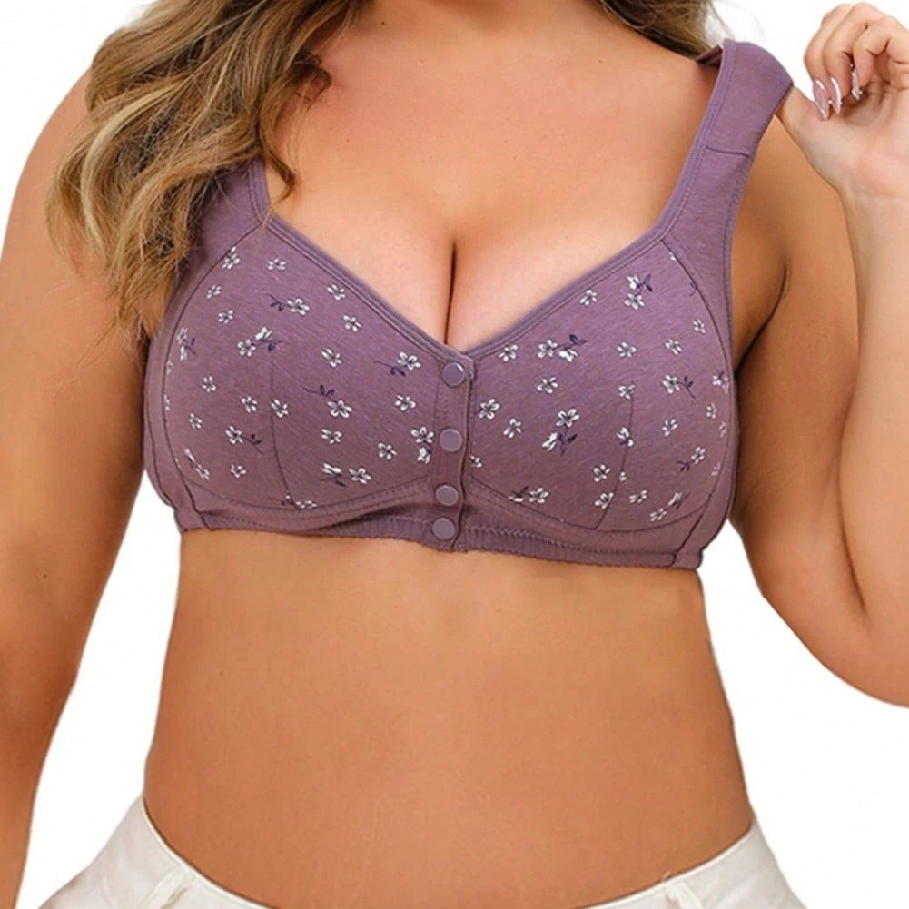 Women's Styling Cup Front Button Printed Underwire Wide Shoulder Strap Vest Style New Plus Size Bra