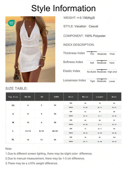 Women's Summer Beach Solid Color Sexy Hollow See-Through Knit Beach Backless Halter Short Cover-Up Dress Vacation, Crochet