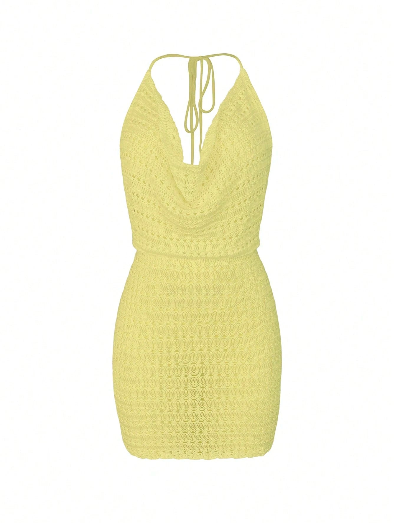 Women's Summer Beach Solid Color Sexy Hollow See-Through Knit Beach Backless Halter Short Cover-Up Dress Vacation, Crochet