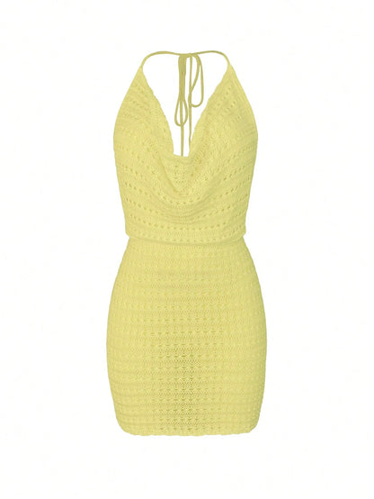 Women's Summer Beach Solid Color Sexy Hollow See-Through Knit Beach Backless Halter Short Cover-Up Dress Vacation, Crochet
