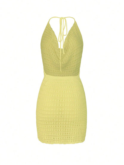 Women's Summer Beach Solid Color Sexy Hollow See-Through Knit Beach Backless Halter Short Cover-Up Dress Vacation, Crochet