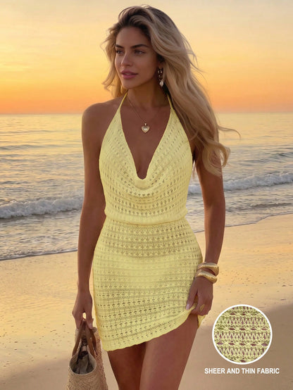 Women's Summer Beach Solid Color Sexy Hollow See-Through Knit Beach Backless Halter Short Cover-Up Dress Vacation, Crochet