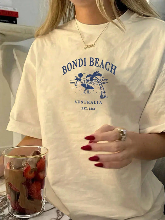 Women's Summer Bondi Beach Print Casual Simple Loose Everyday Street Style Short-Sleeve T-Shirt Top, Women's Summer Casual Street Style Top, Beach Top